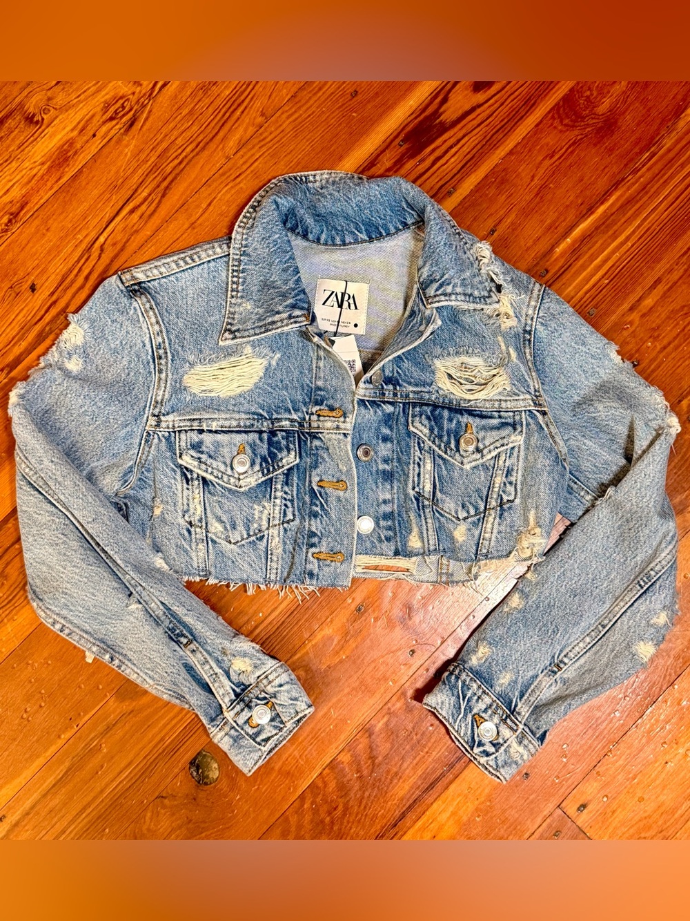 Zara Light Blue Distressed Cropped Denim Jacket XS